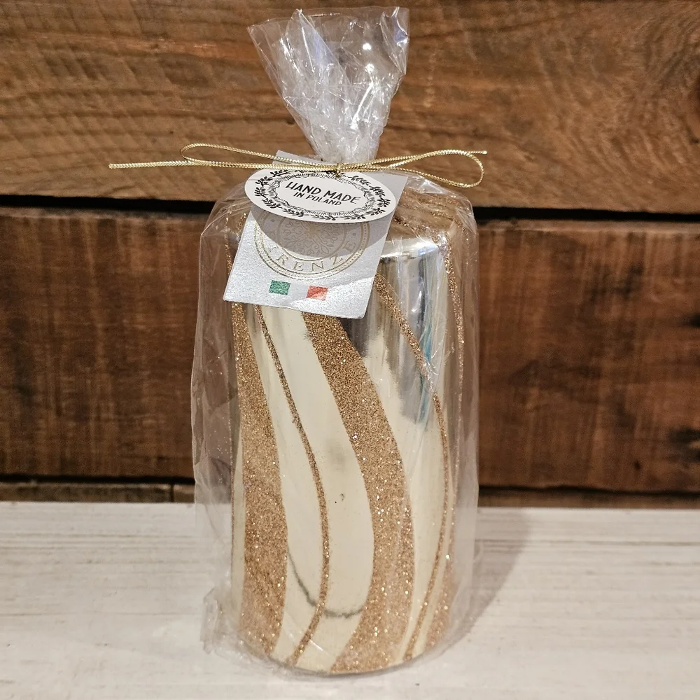 Candele Firenze Gold Metallic Candy Stripe Pillar Candle Christmas